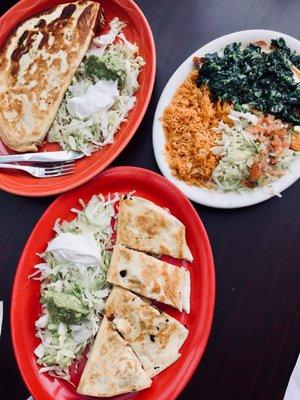 Beef Fajita Quesadilla, Super Shrimp Quesadilla, and Chicken Espinaca