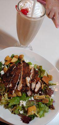 Mediterranean salad plus cajun chicken and chocolate shake.