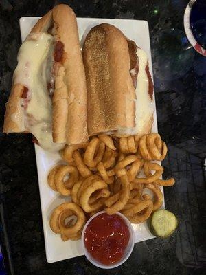 Chicken parm sub and curly fries