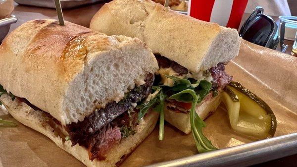 Marinated Grilled Flat Iron Steak Sandwich with chipotle Mayo and Chimmichurri sauce! Perfectly Cooked!