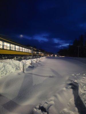 A stop on the way from fairbanks to Anchorage , winter train