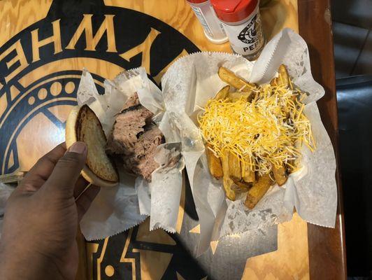 Brisket sandwich and fries