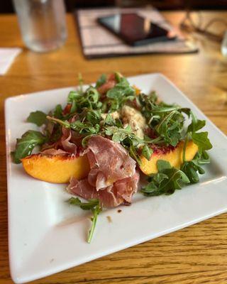 Peach prosciutto burrata salad (burrata is giant but hiding under the arugula)