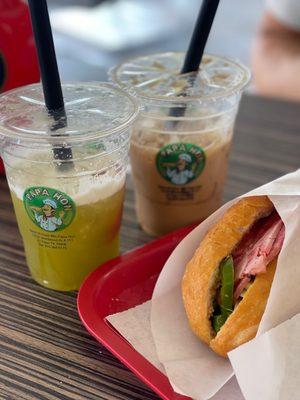 Papa Hon's Bahn Mi, Sugarcane + Strawberry Drink, and Vietnamese Coffee