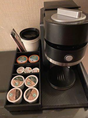 Keurig like pod coffee maker - surprisingly decent coffee and real half and half not powder.