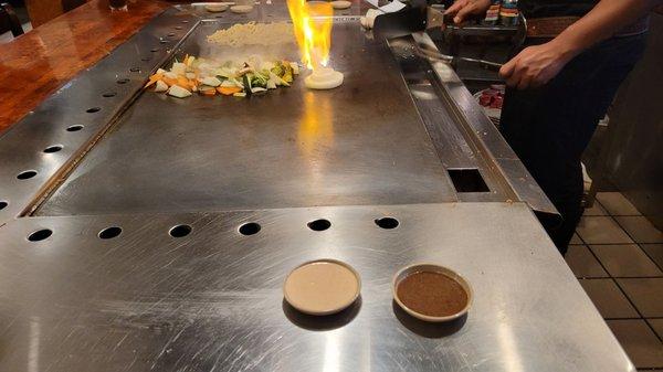 Cooking our Dinner For Two Which is Two Filet mignon with Fried Rice,  Vegetables, Salad and Soup.