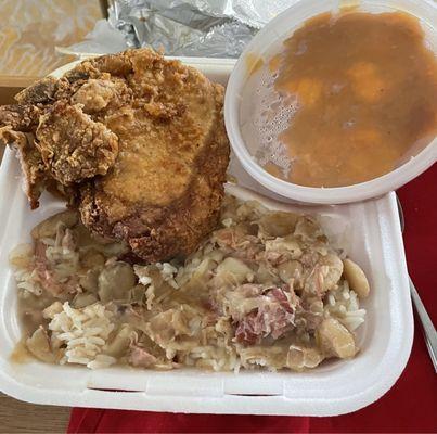 Pork chop, Lima beans over rice and yams.