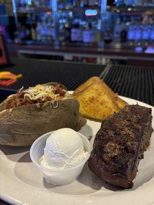 Steak, Loaded Potato and Garlic Toast