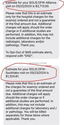 Estimate for breast biopsy between two Solis office locations.