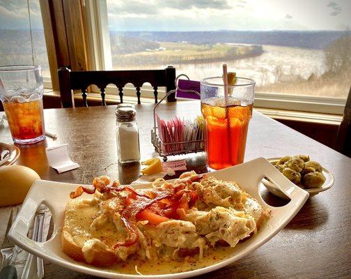 The Twenty Mile Hot Brown Sandwich with Turkey and Bacon overlooking Oxbow Bend of the Ohio River