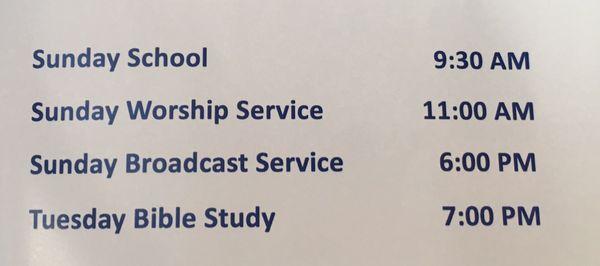 Sunday school, bible study, service schedule