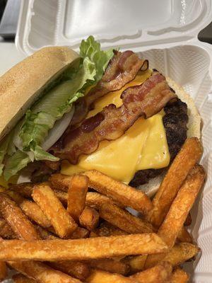 Beacon cheese burger with sweet potato fries