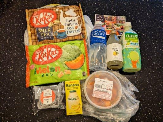 Today's haul. $53.59. Calpico $3.99. Pocari Sweat $3.99. Yuzu $4.49. Daifuku $2.49. Banana drink $1.99. Kit Kat $13.99 each. Kimchi $4.28.