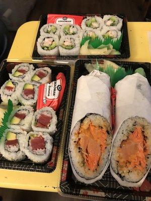 Our meal of Tuna Avocado Sushi Roll, Shrimp California Sushi Roll, and Tokyo Sushi Burrito