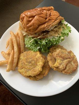 X-Egg burger with fried plantain and fries