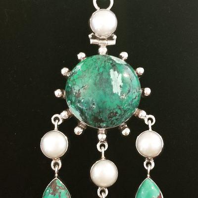 Turquoise and pearl pendant in sterling silver