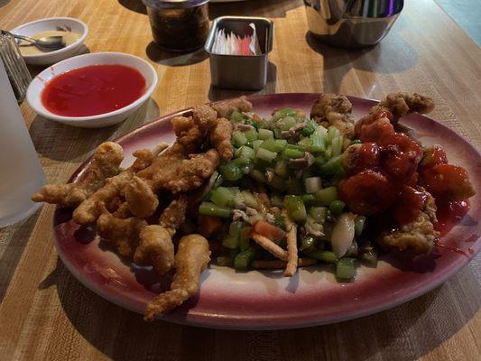 Mar far chicken, Subgum chow mein and Sweet and sour Pork.