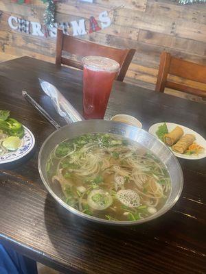 Beef Pho with fried egg rolls