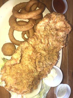 Breaded pork tenderloin sandwich and onion rings!