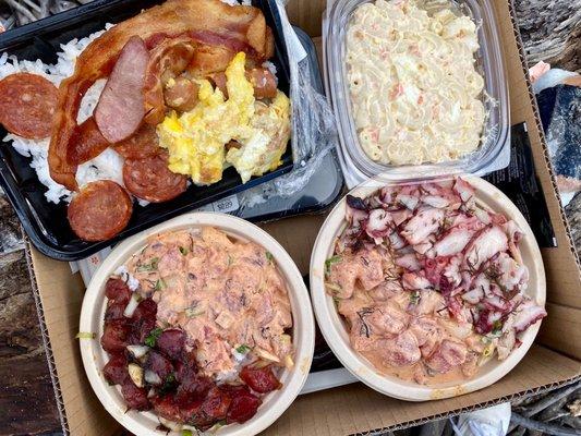 Poke Bowls, Breakfast Platter, and Macaroni Salad.