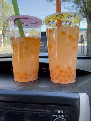 Left: jasmine milk tea with mango pops Right: green milk tea with mango pops