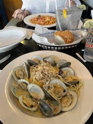 Linguine with Clams and Penne Vodka with Shrimp, bread basket.