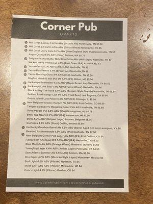 Draft Beer Menu