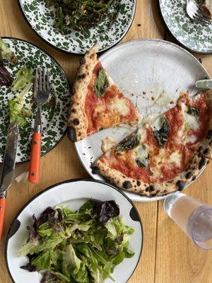 Gem salad, pizza, charred broccolini