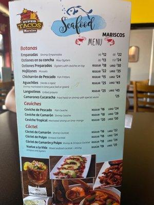 Seafood menu side 1