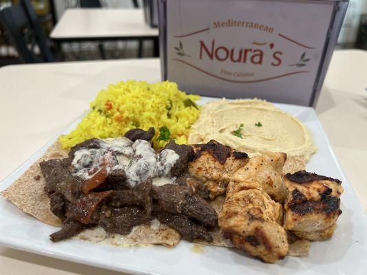 Half and Half Platter with 2 Sides (Shawarma and Chicken Kabob w/ Hummus & Rice) $13.99