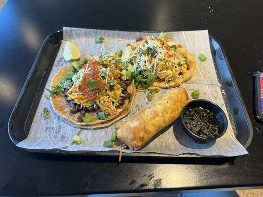 Black bean tacos and Spicy Kimchi Wonton Roll