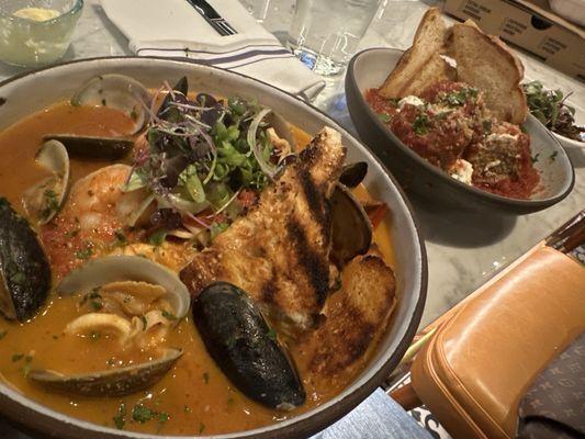 Cioppino, meatballs, roasted mushrooms