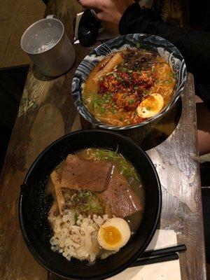 Ox Ox White Ramen Dinner (bottom) Spicy Hot 'N Spicy Miso Tsukune Chicken Ramen Dinner (Top)