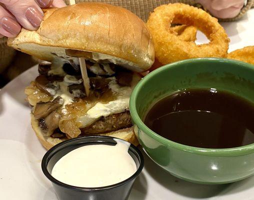 Mushroom Swiss burger & onion rings