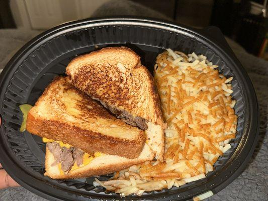 Texas bacon cheesesteak melt w/ hashbrowns