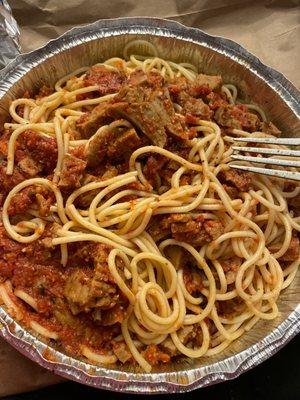 It's funny it's asking Me "what's in this photo?" because I barely know myself and I ordered it. "Spaghetti with meat sauce"