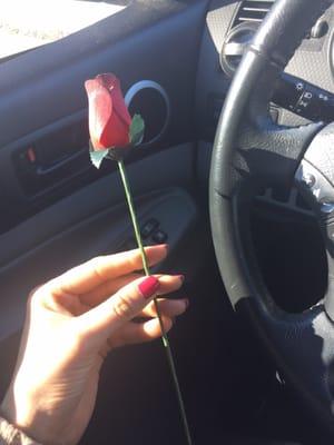 Stellar customer service and am adorable rose left on my dash.