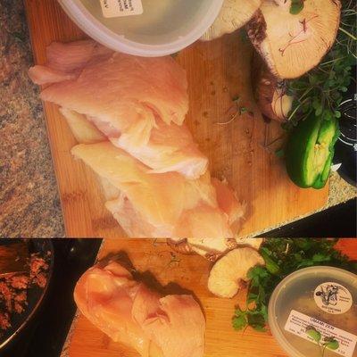 Preparing chicken breasts for sausage, cheese, mushroom filling. Had to cut three times they were so thick.