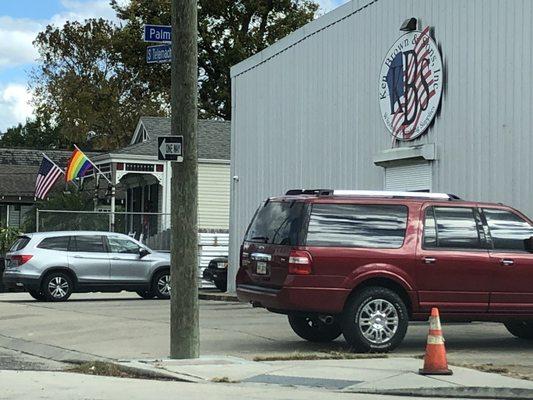 Exterior parking lot and they appear to be LBGTQ friendly neighbors