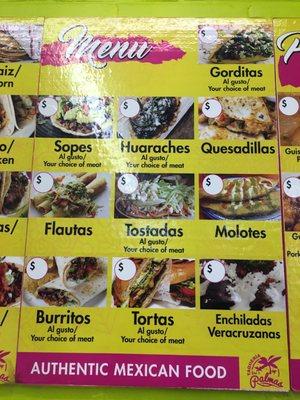 Menu of various authentic Mexican foods