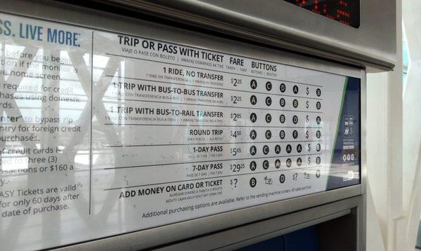 At MIA, this is a fare board for Metrorail.  You can see the fare chart.. There are Tri-Rail to Metrorail transfer provisions (not shown).