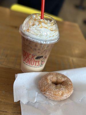 Caramel Latte and a Fresh cinnamon donut