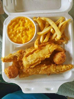 4 Piece Batter Dipped Fish Meal with mac & cheese and fries