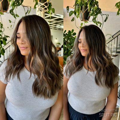 Soft faceframe, honey brunette dimensional babylights and long layers