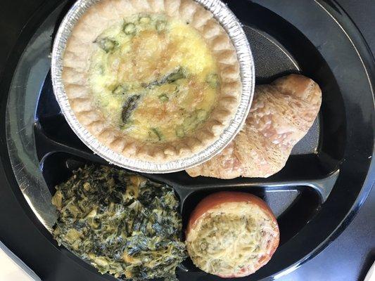 Asparagus and Brie quiche, baked tomato and spinach Madeline