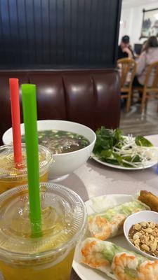 Mango bubble juice, shrimp spring rolls, pho