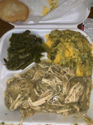 Chicken & dressing, greens, broccoli & cheese.