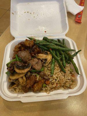 Green beans, sesame chicken and Mongolian beef and mushrooms