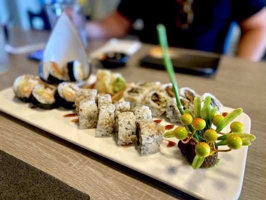 3 for $18. Rock & Roll, Unagi Roll, Salmon skin roll.