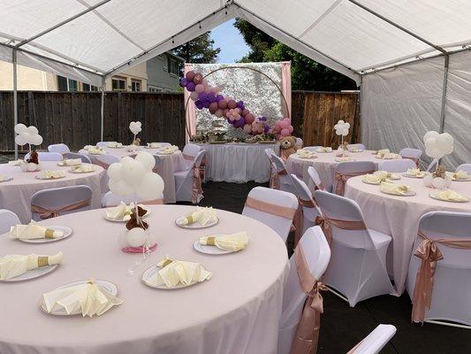 Table cloths, napkins, linens, centerpieces, chair covers, chair sashes